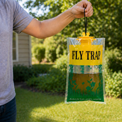 Hand holding a fly trap bag