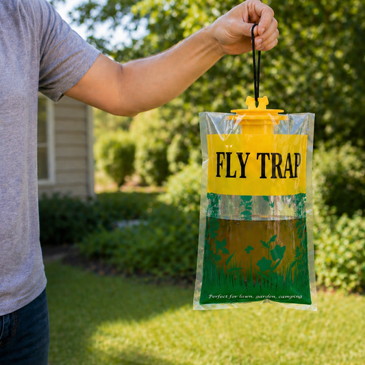 Hand holding a fly trap bag