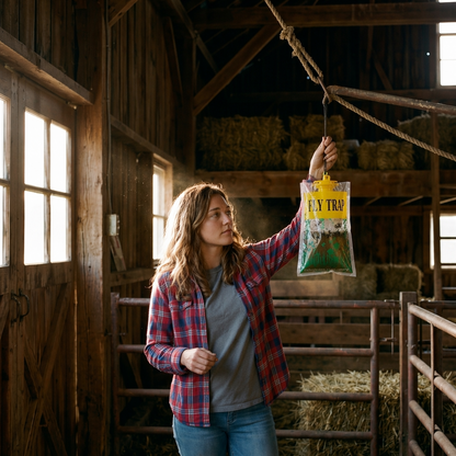 Woman holding a bag of fly trap in a barn