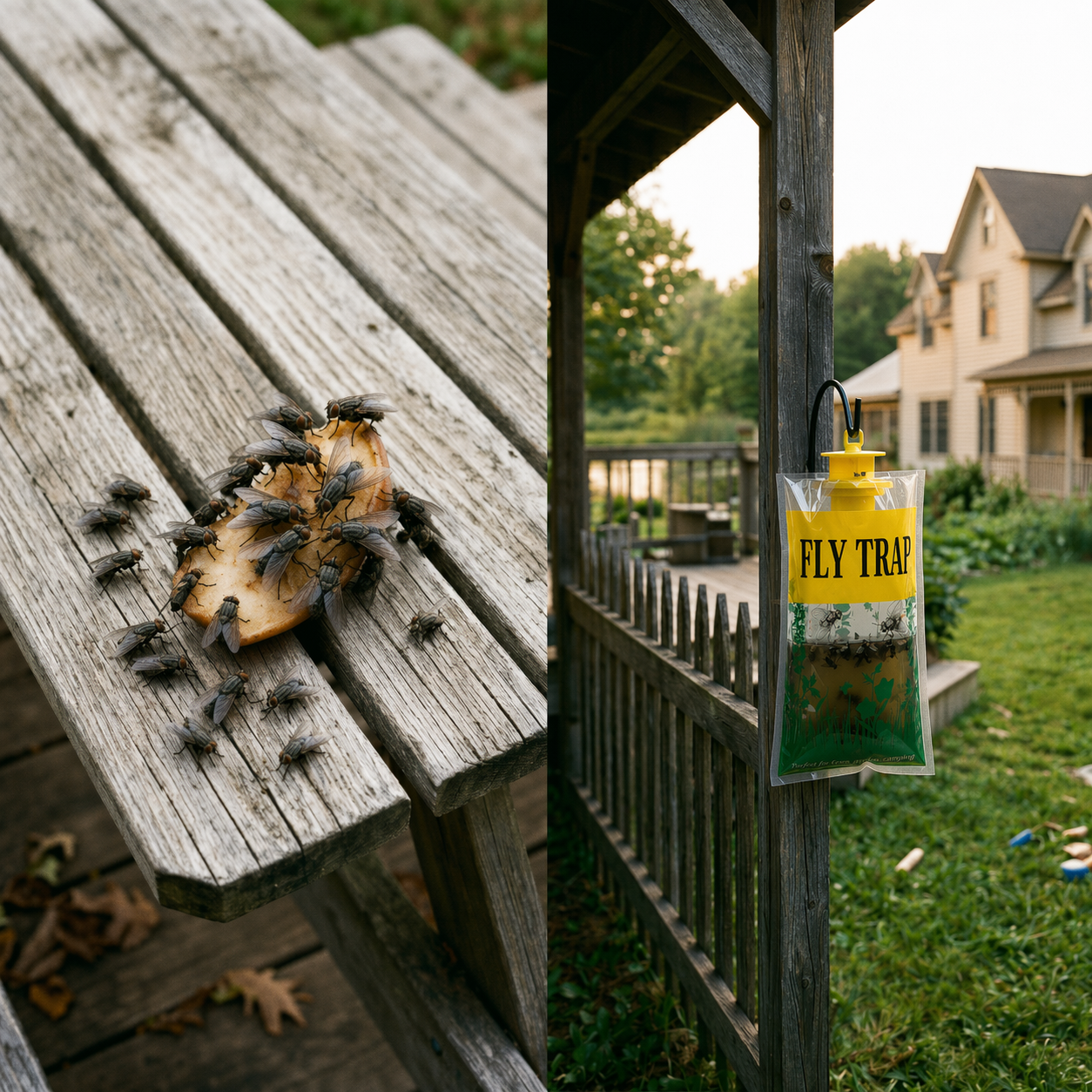 Before and after comparison of a fly trap on a wooden surface with flies and a fly trap packaging.
