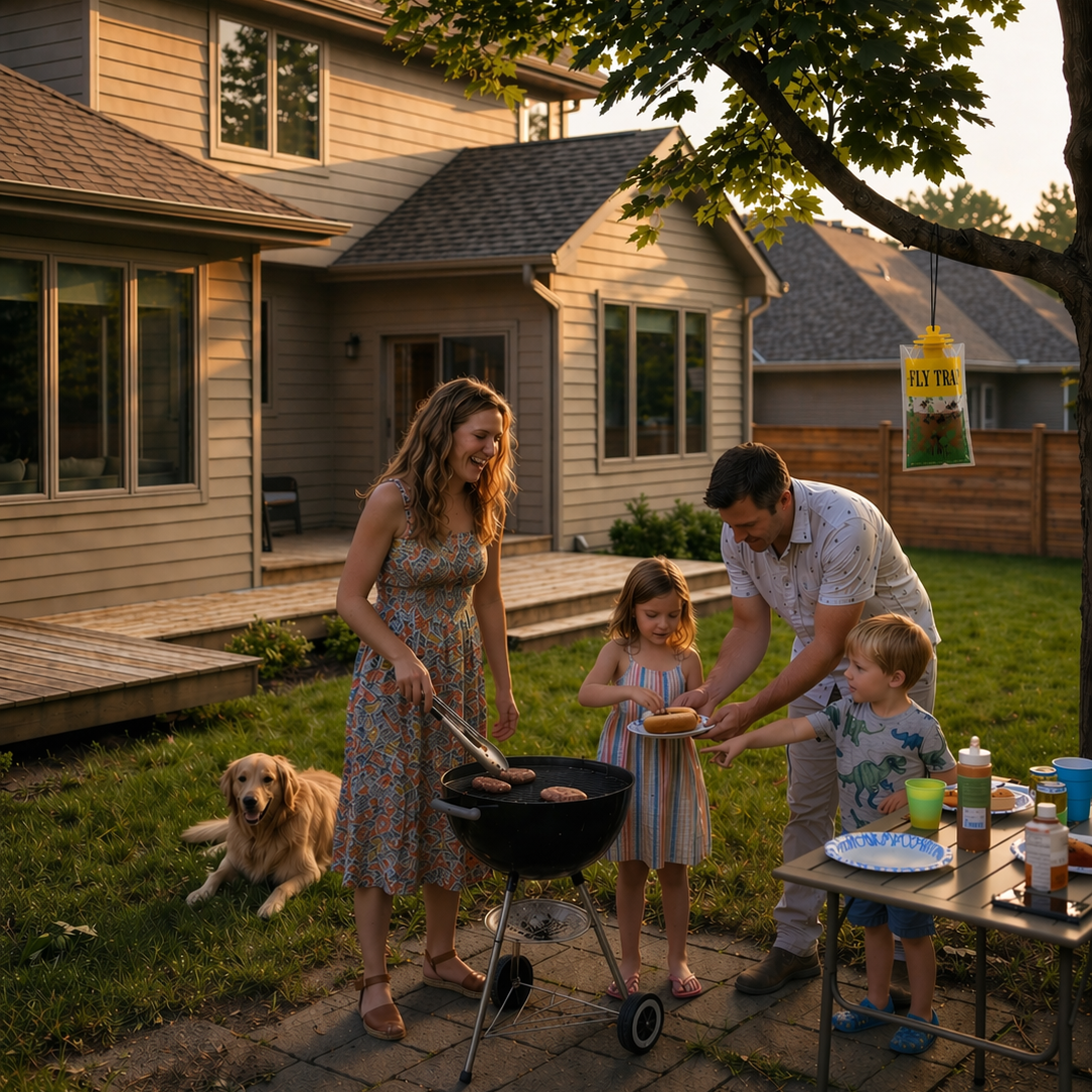 Family of four with a dog grilling outdoors in a backyard.