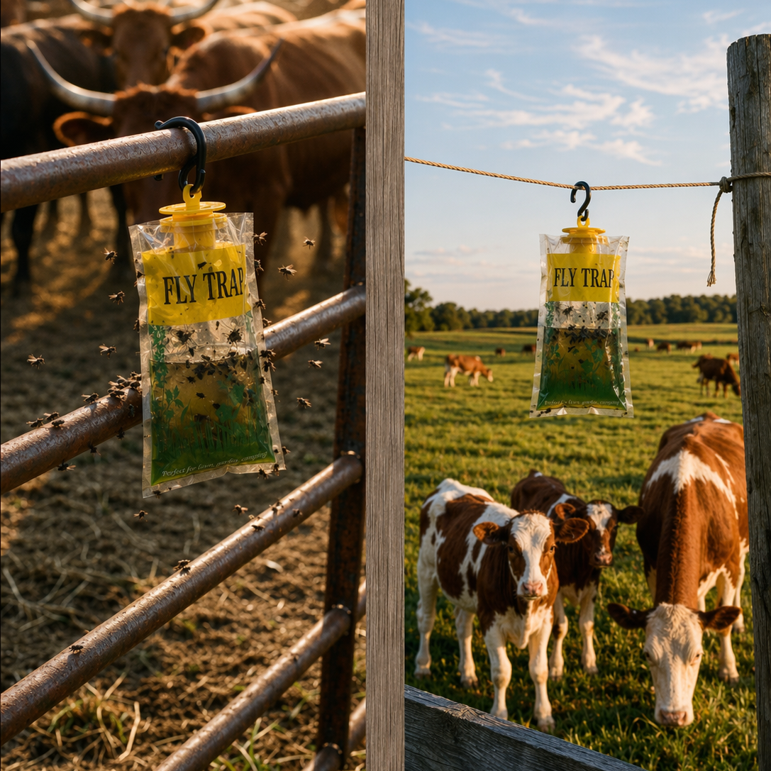 Cows in a field with fly traps hanging from a fence